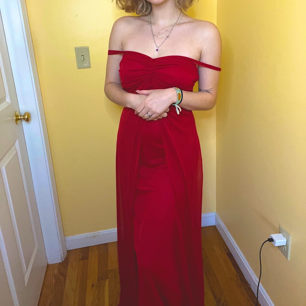 Long red dress with straps, you can wear multiple ways.